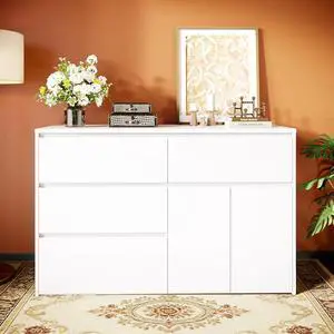 White Dresser with 4 Drawers and 2 Doors, Dresser White Chest of Drawers for Bedroom, 46.85" W*15.75" D*29.92" H White Dresser with 4 Drawers and 2 Doors, Dresser White Chest of Drawers for Bedroom, 46.85" W*15.75" D*29.92" H