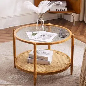 25.6" Rattan Coffee Table, Round Water-Wave Glass Metal Center Table, Modern Coffee Table with 2-Tier Storage, Farmhouse Circular Coffee Tables for Living Room and Small Space, Natural Vibe 25.6" Rattan Coffee Table, Round Water-Wave Glass Metal Center Table, Modern Coffee Table with 2-Tier Storage, Farmhouse Circular Coffee Tables for Living Room and Small Space, Natural Vibe