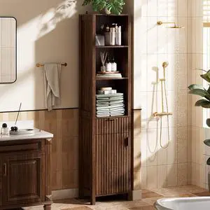 68" Tall Narrow Bathroom Storage Cabinet, Slim Freestanding Floor Cabinet with Fluted Door & Drawer, 12 Inch Deep Skinny Wood Organizer for Small Spaces, Kitchen & Living Room, Dark Walnut 68" Tall Narrow Bathroom Storage Cabinet, Slim Freestanding Floor Cabinet with Fluted Door & Drawer, 12 Inch Deep Skinny Wood Organizer for Small Spaces, Kitchen & Living Room, Dark Walnut