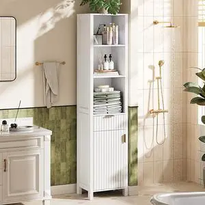 68" Tall Narrow Bathroom Storage Cabinet, Slim Freestanding Floor Cabinet with Fluted Door & Drawer, 12 Inch Deep Skinny Wood Organizer for Small Spaces, Kitchen & Living Room, White 68" Tall Narrow Bathroom Storage Cabinet, Slim Freestanding Floor Cabinet with Fluted Door & Drawer, 12 Inch Deep Skinny Wood Organizer for Small Spaces, Kitchen & Living Room, White