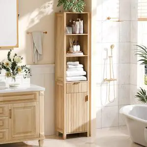 Narrow Fluted Bathroom Floor Skinny Storage Cabinet with 1 Fluted Door&Drawer,68" Tall Narrow12 Inch Deep Slim Bathroom Storage Cabinet for Small Space w/3 Adjustable Shelves,Natural Oak Color Narrow Fluted Bathroom Floor Skinny Storage Cabinet with 1 Fluted Door&Drawer,68" Tall Narrow12 Inch Deep Slim Bathroom Storage Cabinet for Small Space w/3 Adjustable Shelves,Natural Oak Color