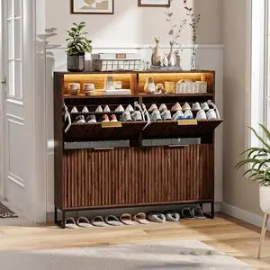 Walnut Fluted Shoe Cabinet for Entryway, Narrow Hidden Shoe Storage Organizer with 4 Flip Drawers & 16-Color LED Lights, Mid Century Modern Slim Freestanding Shoe Rack with Cubby Walnut Fluted Shoe Cabinet for Entryway, Narrow Hidden Shoe Storage Organizer with 4 Flip Drawers & 16-Color LED Lights, Mid Century Modern Slim Freestanding Shoe Rack with Cubby