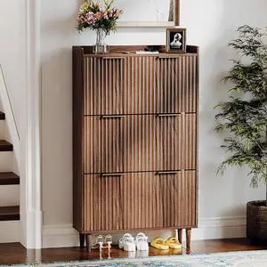 Fluted Shoe Storage Cabinet for Entryway with 3 Flip Drawers, Narrow Shoe Organizer with Fluted Panel, Freestanding Wood Hidden Shoe Cabinet for Foyer, Hallway (Dark Walnut, 3 Flip Drawers) Fluted Shoe Storage Cabinet for Entryway with 3 Flip Drawers, Narrow Shoe Organizer with Fluted Panel, Freestanding Wood Hidden Shoe Cabinet for Foyer, Hallway (Dark Walnut, 3 Flip Drawers)