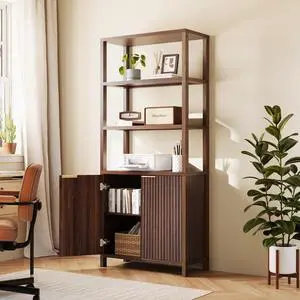 Bookcase with Fluted Doors, 71" Wood Storage Cabinet with Adjustable Shelves, 6-Tier Display Cabinet Bookshelf for Study, Living Room, Home Office, Kitchen Pantry, Walnut Bookcase with Fluted Doors, 71" Wood Storage Cabinet with Adjustable Shelves, 6-Tier Display Cabinet Bookshelf for Study, Living Room, Home Office, Kitchen Pantry, Walnut