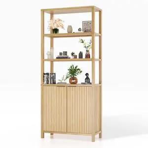 Bookcase with Fluted Doors, 71" Wood Storage Cabinet with Adjustable Shelves, 6-Tier Display Cabinet Bookshelf for Study, Living Room, Home Office, Kitchen Pantry, Oak Bookcase with Fluted Doors, 71" Wood Storage Cabinet with Adjustable Shelves, 6-Tier Display Cabinet Bookshelf for Study, Living Room, Home Office, Kitchen Pantry, Oak