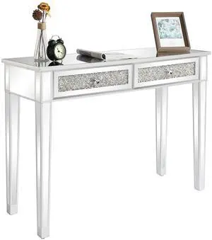 Silver Mirrored Vanity Desk, Makeup Vanity Desk, Glass Desk with 2 Drawers, Glass Vanity for Women Girls Bedroom, Makeup Room & Office Writing Desk Silver Mirrored Vanity Desk, Makeup Vanity Desk, Glass Desk with 2 Drawers, Glass Vanity for Women Girls Bedroom, Makeup Room & Office Writing Desk