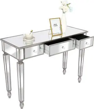 Mirrored Vanity Desk with 3 Drawers, Modern Console/Sofa/Makeup Desk for Bedroom/Living Room/Entryway, Silver Mirrored Vanity Desk with 3 Drawers, Modern Console/Sofa/Makeup Desk for Bedroom/Living Room/Entryway, Silver