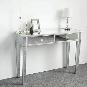 Mirrored Vanity Desk with 2 Drawers, Modern Console/Sofa/Makeup Desk for Bedroom/Living Room/Entryway, Multifunctional Workstation for Kids Teen, Silver Mirrored Vanity Desk with 2 Drawers, Modern Console/Sofa/Makeup Desk for Bedroom/Living Room/Entryway, Multifunctional Workstation for Kids Teen, Silver