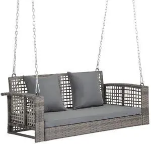 4 FT Rattan Porch Swing Outdoor Support 800 LBS with Cushions & Adjustable Chains, Patio Wicker Swing Bench Chair for Garden, Yard, Lawn, Tree, Grey 4 FT Rattan Porch Swing Outdoor Support 800 LBS with Cushions & Adjustable Chains, Patio Wicker Swing Bench Chair for Garden, Yard, Lawn, Tree, Grey