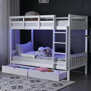 Bunk Bed Twin Over Twin with 2 Storage Drawers/RGB LED/Charging Station, Solid Wood Bunk Bed Frame with 15 inches High Safety Guardrail and Ladders for Kids, White Bunk Bed Twin Over Twin with 2 Storage Drawers/RGB LED/Charging Station, Solid Wood Bunk Bed Frame with 15 inches High Safety Guardrail and Ladders for Kids, White