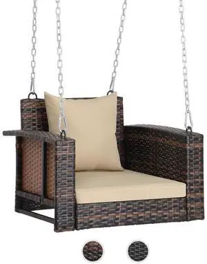 2.2 FT 1-Person Use Rattan Porch Swing Outdoor Support 440 LBS with Cushions & Adjustable Chains, Patio Wicker Swing Bench Chair for Garden, Yard, Lawn, Tree, Brown 2.2 FT 1-Person Use Rattan Porch Swing Outdoor Support 440 LBS with Cushions & Adjustable Chains, Patio Wicker Swing Bench Chair for Garden, Yard, Lawn, Tree, Brown