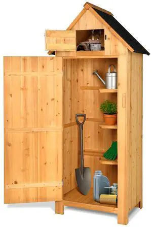 Outdoor Wooden Storage Shed, Garden Shed Outside Tool Cabinet with Safety Latch, Patio Storage Organizer (Teak) Outdoor Wooden Storage Shed, Garden Shed Outside Tool Cabinet with Safety Latch, Patio Storage Organizer (Teak)