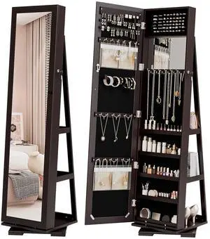 360° Rotating Jewelry Cabinet with Full-Length Mirror & Inside Makeup Mirror - Lockable Standing Jewelry Armoire with Velvet Lining, Spacious Storage for Earrings, Ideal Gift for Her, Brown 360° Rotating Jewelry Cabinet with Full-Length Mirror & Inside Makeup Mirror - Lockable Standing Jewelry Armoire with Velvet Lining, Spacious Storage for Earrings, Ideal Gift for Her, Brown