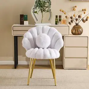 Shell-Shaped Teddy Fleece Accent Vanity Chair with Back,Comfy White and Gold Desk Chair No Wheels,Cute Small Pearl Deco Pillow,Gift for Girls/Women,for Makeup,Office,Dining,Nail,Sewing,Bedroom Shell-Shaped Teddy Fleece Accent Vanity Chair with Back,Comfy White and Gold Desk Chair No Wheels,Cute Small Pearl Deco Pillow,Gift for Girls/Women,for Makeup,Office,Dining,Nail,Sewing,Bedroom