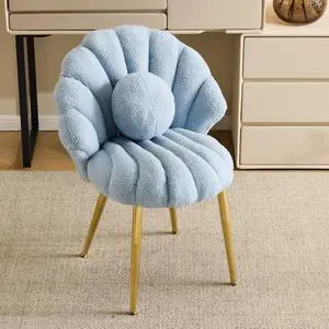 Shell-Shaped Teddy Fleece Accent Vanity Chair with Back,Comfy Blue and Gold Desk Chair No Wheels,Cute Small Pearl Deco Pillow,Gift for Girls/Women,for Makeup,Office,Dining,Nail,Sewing,Bedroom Shell-Shaped Teddy Fleece Accent Vanity Chair with Back,Comfy Blue and Gold Desk Chair No Wheels,Cute Small Pearl Deco Pillow,Gift for Girls/Women,for Makeup,Office,Dining,Nail,Sewing,Bedroom