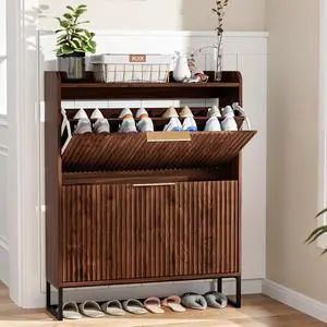 Fluted Shoe Cabinet Storage for Entryway,Hidden Shoes Storage Cabinet with 2 Flip Drawers, Mid Century Modern Shoe Rack Organizer,Free Standing Shoes Organizer for Hallway(Dark Walnut) Fluted Shoe Cabinet Storage for Entryway,Hidden Shoes Storage Cabinet with 2 Flip Drawers, Mid Century Modern Shoe Rack Organizer,Free Standing Shoes Organizer for Hallway(Dark Walnut)
