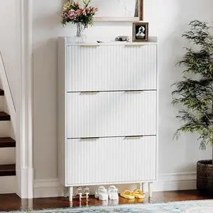 White Fluted Shoe Storage Cabinet for Entryway with 3 Flip Drawers, Narrow Shoe Organizer with Fluted Panel, Modern Freestanding Wood Shoe Cabinet for Foyer, Hallway (White, 3 Flip Drawers) White Fluted Shoe Storage Cabinet for Entryway with 3 Flip Drawers, Narrow Shoe Organizer with Fluted Panel, Modern Freestanding Wood Shoe Cabinet for Foyer, Hallway (White, 3 Flip Drawers)