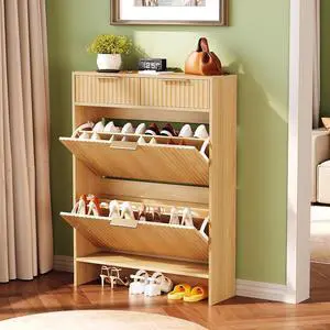 Fluted Shoe Cabinet for Entryway, Slim Shoe Storage Cabinet with 2 Flip Drawers & 2 Top Drawers, Modern Hidden Shoe Rack Organizer with Adjustable Shelves, Narrow Freestanding Console, Oak Fluted Shoe Cabinet for Entryway, Slim Shoe Storage Cabinet with 2 Flip Drawers & 2 Top Drawers, Modern Hidden Shoe Rack Organizer with Adjustable Shelves, Narrow Freestanding Console, Oak