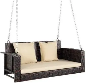 Heavy Duty 800 LBS Wicker Hanging Porch Swing with Cushions & Chains, 4FT Outdoor Rattan Swing Bench for Garden, Yard, Lawn (Brown+Beige) Heavy Duty 800 LBS Wicker Hanging Porch Swing with Cushions & Chains, 4FT Outdoor Rattan Swing Bench for Garden, Yard, Lawn (Brown+Beige)