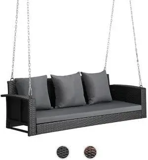 Heavy Duty 800 LBS Wicker Hanging Porch Swing with Cushions & Chains, 5FT Outdoor Rattan Swing Bench for Garden, Yard, Lawn (Black) Heavy Duty 800 LBS Wicker Hanging Porch Swing with Cushions & Chains, 5FT Outdoor Rattan Swing Bench for Garden, Yard, Lawn (Black)