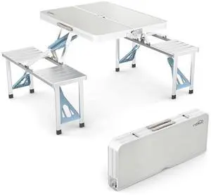 4Ft Folding Camping Picnic Table with Seats/Umbrella Hole-265 Lbs Support that Lightweight and Fold Up Card Suitcase Table Aluminum Alloy Frame, RV Tabletop with Soft Handl 4Ft Folding Camping Picnic Table with Seats/Umbrella Hole-265 Lbs Support that Lightweight and Fold Up Card Suitcase Table Aluminum Alloy Frame, RV Tabletop with Soft Handl