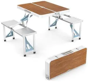 4 Ft Camping Picnic Table Set with 4 Seats with Umbrella Hole Folding Lightweight Suitcase Card Table-220 Lbs Support Aluminum Frame, Plastic RV Tabletop for Barbecue,Travel,Outing,Gathering 4 Ft Camping Picnic Table Set with 4 Seats with Umbrella Hole Folding Lightweight Suitcase Card Table-220 Lbs Support Aluminum Frame, Plastic RV Tabletop for Barbecue,Travel,Outing,Gathering