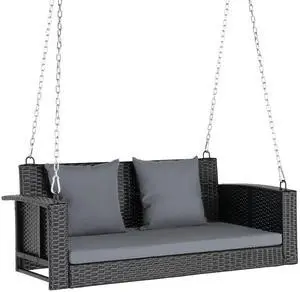 Outdoor Porch Swing, Wicker Patio Swing with Chains (Dark Gray, 4 FT) Outdoor Porch Swing, Wicker Patio Swing with Chains (Dark Gray, 4 FT)