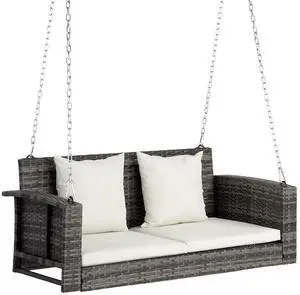 Heavy Duty 800 LBS Wicker Hanging Porch Swing with Cushions & Chains, 4FT Outdoor Rattan Swing Bench for Garden, Yard, Lawn (Grey+White) Heavy Duty 800 LBS Wicker Hanging Porch Swing with Cushions & Chains, 4FT Outdoor Rattan Swing Bench for Garden, Yard, Lawn (Grey+White)