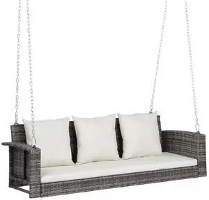Heavy Duty 800 LBS Wicker Hanging Porch Swing with Cushions & Chains, 5FT Outdoor Rattan Swing Bench for Garden, Yard, Lawn (Grey) Heavy Duty 800 LBS Wicker Hanging Porch Swing with Cushions & Chains, 5FT Outdoor Rattan Swing Bench for Garden, Yard, Lawn (Grey)