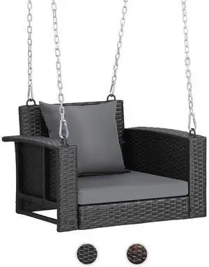 2.2 FT 1-Person Use Rattan Porch Swing Outdoor Support 440 LBS with Cushions & Adjustable Chains, Patio Wicker Swing Bench Chair for Garden, Yard, Lawn, Tree, Black 2.2 FT 1-Person Use Rattan Porch Swing Outdoor Support 440 LBS with Cushions & Adjustable Chains, Patio Wicker Swing Bench Chair for Garden, Yard, Lawn, Tree, Black