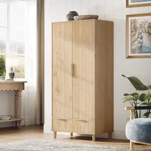 Fluted Wardrobe Closet Armoire with Doors And Drawers, Wardrobe Cabinet with Hanging Rack, Bedroom Closet Wood, Oak Free Standing Armoire with Shelf and Solid Wood Legs, 31.5"W*19.7"D*69.3"H Fluted Wardrobe Closet Armoire with Doors And Drawers, Wardrobe Cabinet with Hanging Rack, Bedroom Closet Wood, Oak Free Standing Armoire with Shelf and Solid Wood Legs, 31.5"W*19.7"D*69.3"H