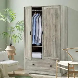 Wide Armoire Wardrobe Closet with Hanging Rod, Adjustable Shelves and Drawer, Freestanding Wardrobe Closet with Doors, Bedroom Armoires and Wardrobes, Rustic Grey Wide Armoire Wardrobe Closet with Hanging Rod, Adjustable Shelves and Drawer, Freestanding Wardrobe Closet with Doors, Bedroom Armoires and Wardrobes, Rustic Grey