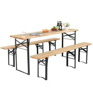 70 Inch Folding Picnic Tables with Benches Set, Weather-Resistant Wooden Beer Garden Table Bench, 3-Piece Portable Fold Up Camping BBQ Table w/Carrying Handles,Natural Wood Color 70 Inch Folding Picnic Tables with Benches Set, Weather-Resistant Wooden Beer Garden Table Bench, 3-Piece Portable Fold Up Camping BBQ Table w/Carrying Handles,Natural Wood Color