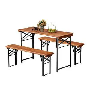 45 Inch Folding Picnic Tables with Benches Set, Weather-Resistant Wooden Beer Garden Table Bench, 3-Piece Portable Fold Up Camping BBQ Table,Walnut Color 45 Inch Folding Picnic Tables with Benches Set, Weather-Resistant Wooden Beer Garden Table Bench, 3-Piece Portable Fold Up Camping BBQ Table,Walnut Color
