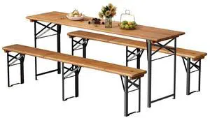 70 Inch Folding Picnic Tables with Benches Set, Weather-Resistant Wooden Beer Garden Table Bench, 3-Piece Portable Fold Up Camping BBQ Table,Walnut Color 70 Inch Folding Picnic Tables with Benches Set, Weather-Resistant Wooden Beer Garden Table Bench, 3-Piece Portable Fold Up Camping BBQ Table,Walnut Color