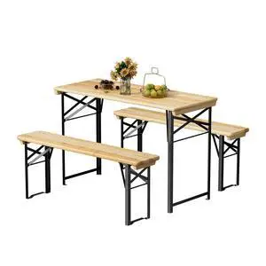45 Inch Folding Picnic Tables with Benches Set, Weather-Resistant Wooden Beer Garden Table Bench, 3-Piece Portable Fold Up Camping BBQ Table,Natural Wood Color 45 Inch Folding Picnic Tables with Benches Set, Weather-Resistant Wooden Beer Garden Table Bench, 3-Piece Portable Fold Up Camping BBQ Table,Natural Wood Color