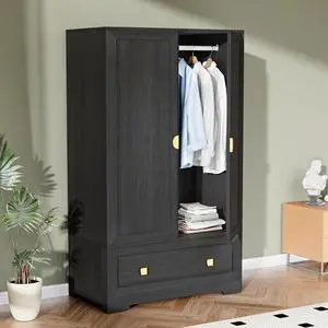 Armoire Wardrobe Closet with Doors, 38" W Armoire Wardrobe Cabinet with Drawers and Hanging Rod, Black Wood Bedroom Armoires, 21" D x 38" W x 65" H Armoire Wardrobe Closet with Doors, 38" W Armoire Wardrobe Cabinet with Drawers and Hanging Rod, Black Wood Bedroom Armoires, 21" D x 38" W x 65" H