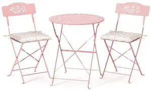 Outdoor Folding Bistro Table and Chairs Set of 2, 3-Piece Bistro Set with Olive Leaf Cutout Design and Comfortable Cushions for Patio, Balcony, Garden, Porch, Yard, Pink Outdoor Folding Bistro Table and Chairs Set of 2, 3-Piece Bistro Set with Olive Leaf Cutout Design and Comfortable Cushions for Patio, Balcony, Garden, Porch, Yard, Pink
