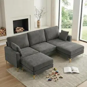 100" W U Shaped Couch with Ottoman, 22" Deep Seat Comfortable Sectional Couches for Living Room, 3 Seater Chenille Fabric Cloud Sofa for Apartment, Small Spaces, Bedroom, Grey 100" W U Shaped Couch with Ottoman, 22" Deep Seat Comfortable Sectional Couches for Living Room, 3 Seater Chenille Fabric Cloud Sofa for Apartment, Small Spaces, Bedroom, Grey