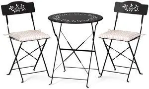 Outdoor Folding Bistro Table and Chairs Set of 2, 3-Piece Bistro Set with Olive Leaf Cutout Design and Comfortable Cushions for Patio, Balcony, Garden, Porch, Yard, Black Outdoor Folding Bistro Table and Chairs Set of 2, 3-Piece Bistro Set with Olive Leaf Cutout Design and Comfortable Cushions for Patio, Balcony, Garden, Porch, Yard, Black