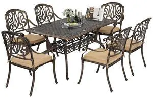 7 Pieces Outdoor Dining Set, Cast Aluminium All-Weather Patio Dining Set for 6 with Umbrella Hole, Outdoor Dining Table and Chairs with Cushion for Yard, Garden, Porch and Poolside, Bronze 7 Pieces Outdoor Dining Set, Cast Aluminium All-Weather Patio Dining Set for 6 with Umbrella Hole, Outdoor Dining Table and Chairs with Cushion for Yard, Garden, Porch and Poolside, Bronze