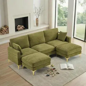 100" W U Shaped Couch with Ottoman, 22" Deep Seat Comfortable Sectional Couches for Living Room, 3 Seater Chenille Fabric Cloud Sofa for Apartment, Small Spaces, Bedroom, Green 100" W U Shaped Couch with Ottoman, 22" Deep Seat Comfortable Sectional Couches for Living Room, 3 Seater Chenille Fabric Cloud Sofa for Apartment, Small Spaces, Bedroom, Green