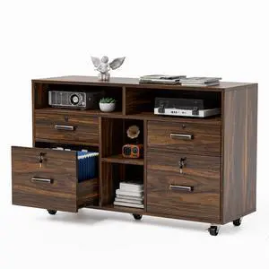 Dark Brown Wood Lateral File Cabinet with Lock, 4 Drawer & 4 Open Shelves, Rolling File Cabinet for Home Office, Letter Sized Dark Brown Wood Lateral File Cabinet with Lock, 4 Drawer & 4 Open Shelves, Rolling File Cabinet for Home Office, Letter Sized
