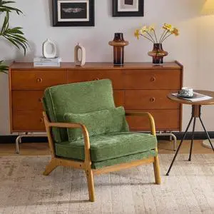 Chenille Mid-Century Modern Accent Chair, Cute Reading Arm Chair with Cushion & Lumbar Pillow & Solid Wood Frame for Lounge, Living Room, Reading Room, Bedroom, Olive-Green Chenille Mid-Century Modern Accent Chair, Cute Reading Arm Chair with Cushion & Lumbar Pillow & Solid Wood Frame for Lounge, Living Room, Reading Room, Bedroom, Olive-Green