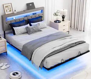 Floating Bed Frame Queen with Charging Station,RGB LED Lights, Metal Platform Bed with Upholstered Headboard, Adjustable Height, Gray Floating Bed Frame Queen with Charging Station,RGB LED Lights, Metal Platform Bed with Upholstered Headboard, Adjustable Height, Gray