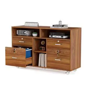 Wide 4 Drawer Lockable Rolling File Cabinet with Open Shelves - Walnut Wood Lateral File Cabinet Printer Stand for Home Office, Letter Sized Wide 4 Drawer Lockable Rolling File Cabinet with Open Shelves - Walnut Wood Lateral File Cabinet Printer Stand for Home Office, Letter Sized