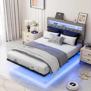 Full Size Floating Bed Frame with LED Lights, Adjustable Velvet Upholstered Bed with Charging Station, Modern Metal Full Bed, Easy Assembly, No Box Spring Needed, Grey Full Size Floating Bed Frame with LED Lights, Adjustable Velvet Upholstered Bed with Charging Station, Modern Metal Full Bed, Easy Assembly, No Box Spring Needed, Grey