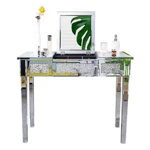 Silver Mirrored Vanity Desk, Glass Vanity w/Drawers and Flip Mirror, Bling Mirror Vanity Desk for Women Girls Bedroom, Makeup Room & Office Writing Desk Silver Mirrored Vanity Desk, Glass Vanity w/Drawers and Flip Mirror, Bling Mirror Vanity Desk for Women Girls Bedroom, Makeup Room & Office Writing Desk