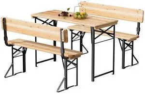 45 Inch Folding Picnic Tables and Chair Set with Backrest Bench, Weather-Resistant Wooden Beer Garden Table Bench, 3-Piece Portable Fold Up Camping BBQ Table,Natural Wood Color 45 Inch Folding Picnic Tables and Chair Set with Backrest Bench, Weather-Resistant Wooden Beer Garden Table Bench, 3-Piece Portable Fold Up Camping BBQ Table,Natural Wood Color