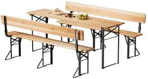 70 Inch Folding Picnic Tables and Chair Set with Backrest Bench, Weather-Resistant Wooden Beer Garden Table Bench, 3-Piece Portable Fold Up Camping BBQ Table,Natural Wood Color 70 Inch Folding Picnic Tables and Chair Set with Backrest Bench, Weather-Resistant Wooden Beer Garden Table Bench, 3-Piece Portable Fold Up Camping BBQ Table,Natural Wood Color